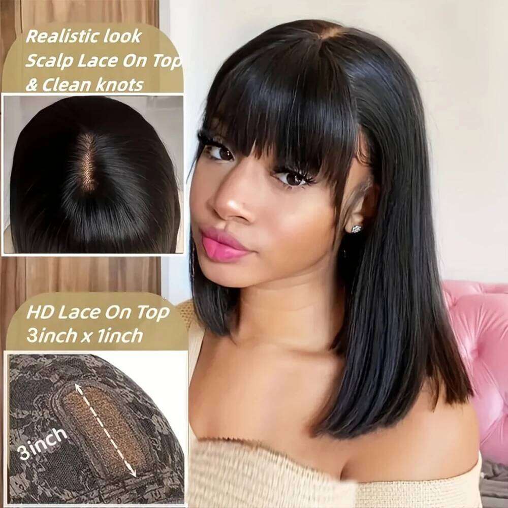 Choice Short Wig Bone Straight 100% Human Hair With Bangs 3x1 Lace Middle Part For Black Women Bob Wigs