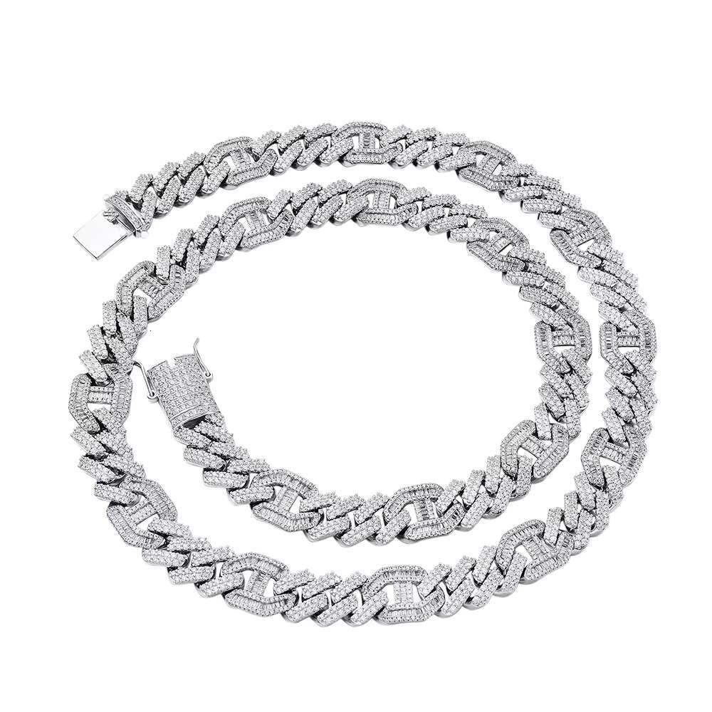 Hip Hop Jewelry 15.5MM Figarucci Coffee Bean Link Prong Zircon Claw Baguette Cut 925 Silver Cuban Chain Necklace