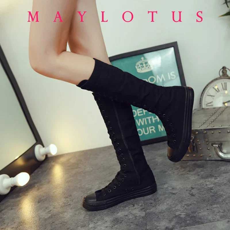 2024 New FAshion 3Colors Womens Canvas Boots Lace Zipper Knee High Boots Flat Shoes Casual High Help Punk Shoes Z250704