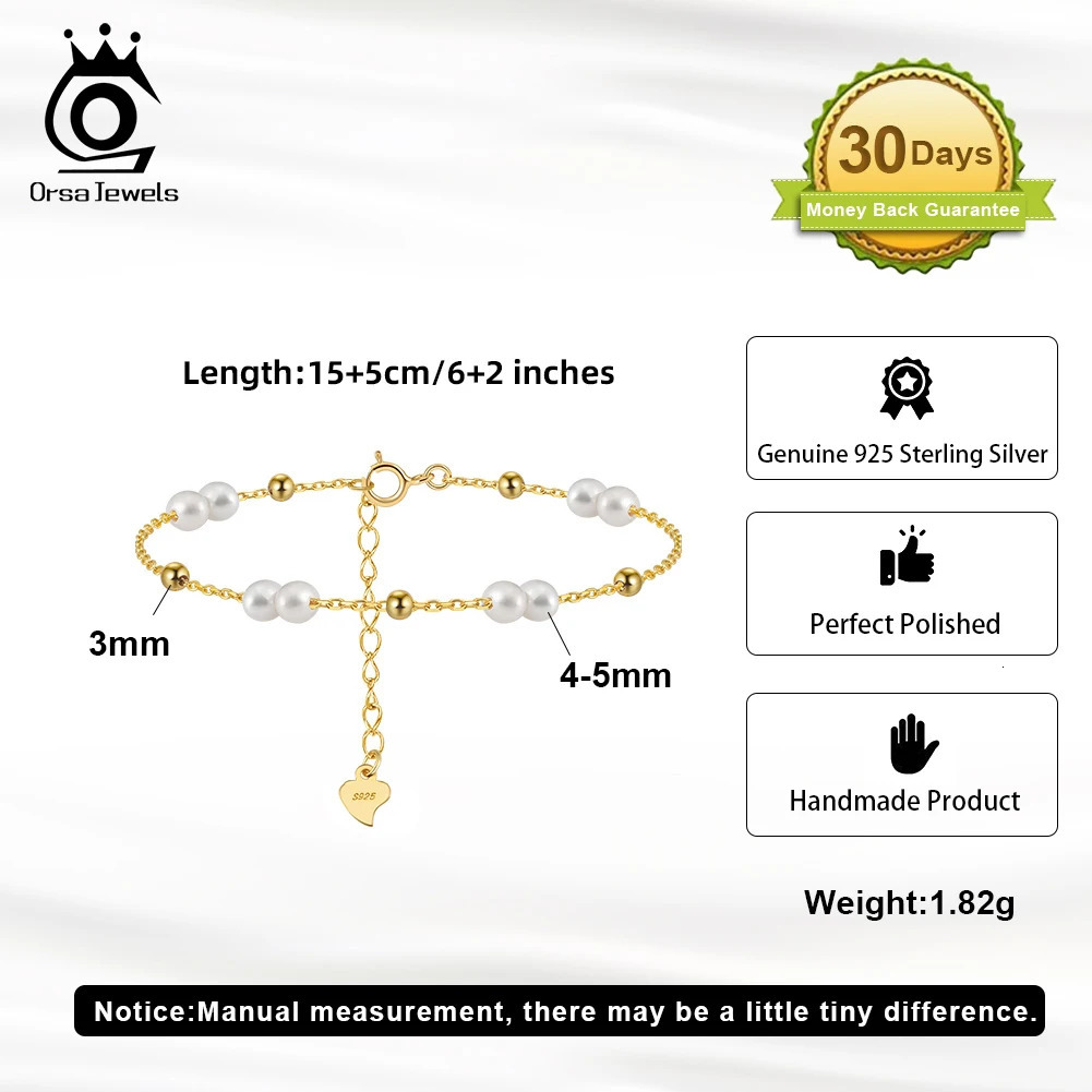 ORSA JEWELS 925 Sterling Silver Pearls Chain Bracelet Vinatge 14K Gold Pearl Beads Bracelet on Hand Female Party Jewelry GPB40 250628