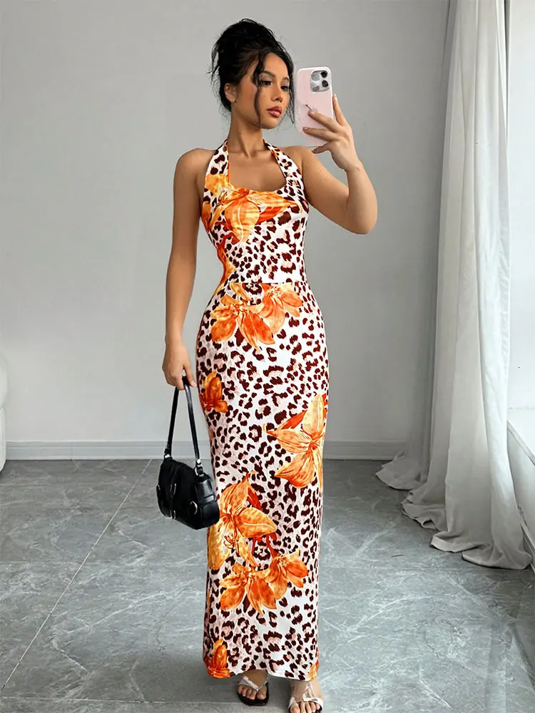 Womens Clothing Dress Summer Sexy Backless Print Leopard VNeck Dresses Streetwear Fashion Halter LaceUp Clothing 250704