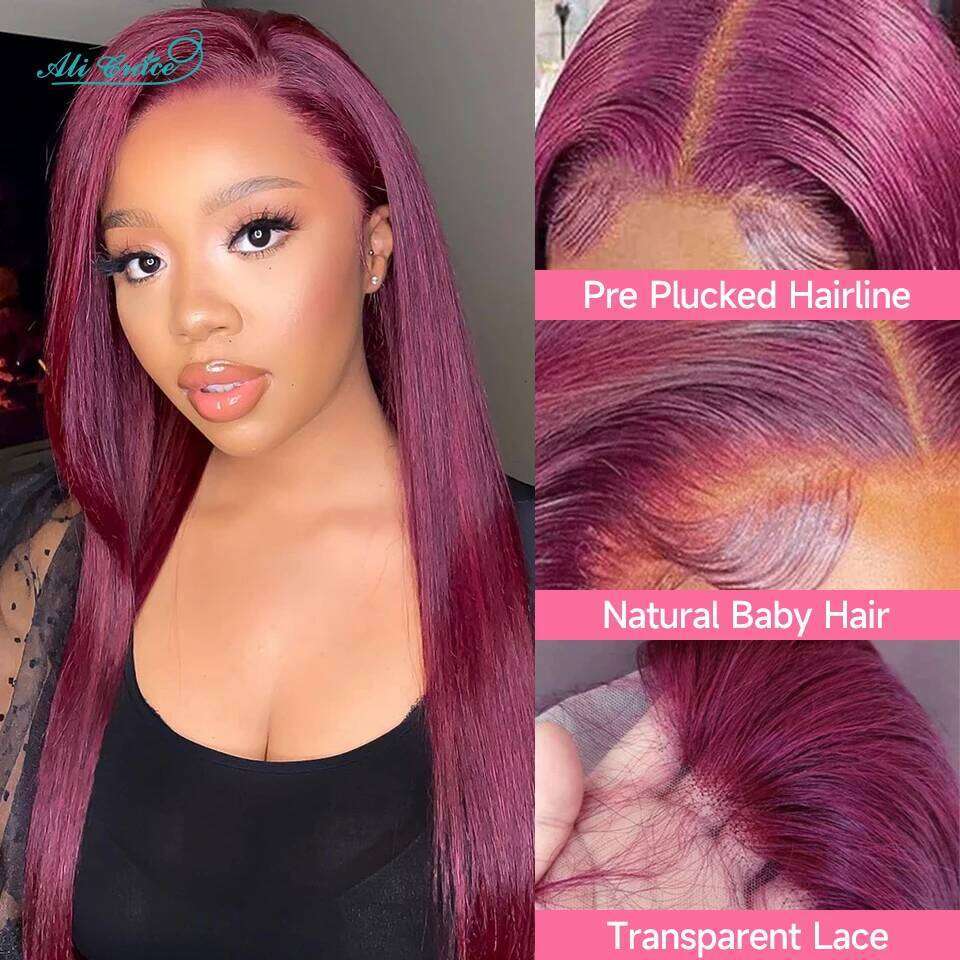 Ali Grace 99J Bury Front Pre-plucked Brazilian Straight Wig 4x4 Lace Closure Human Hair Wigs For Women