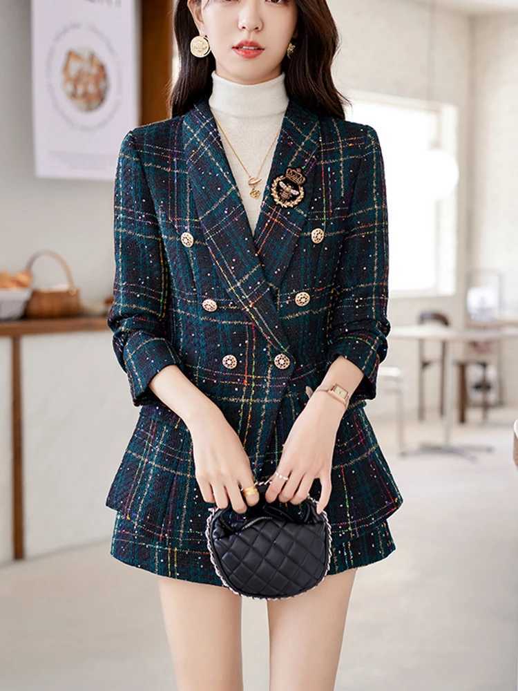 ZJYT Elegant Plaid Twd Blazer Shorts Suits Autumn Winter Outfits for Women 2 Piece Business Chic Office Matching Set Plus Size X250704