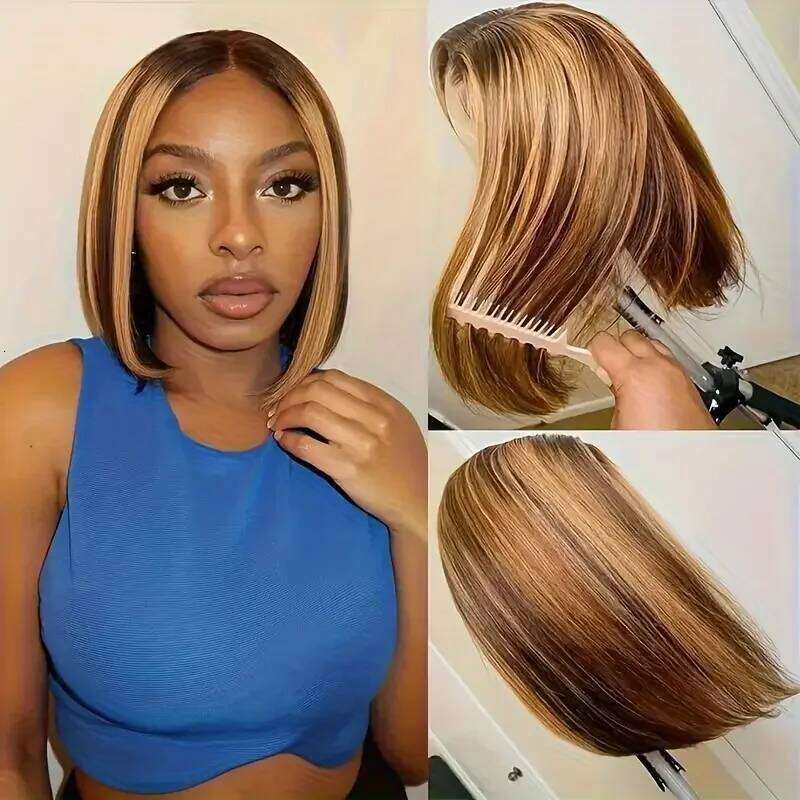 100% 13x4 Human Hair Lace Frontal Wig Ready Wear Bob Wigs 220Density For Black Women 4/27 Color Gold