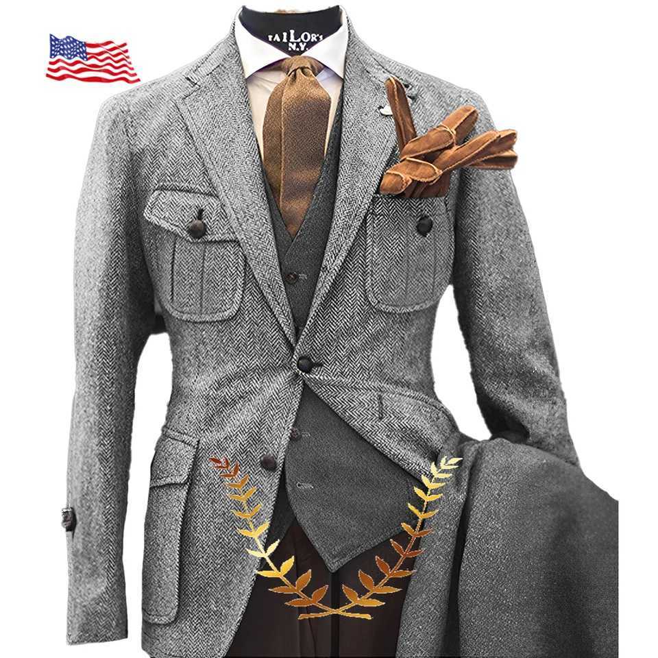 Mens Herringbone Suit Retro Jacket Pants Vest 3-piece Set Khaki Slim Fit Outfit Wool Outfit Winter Casual Suit for Men X250704