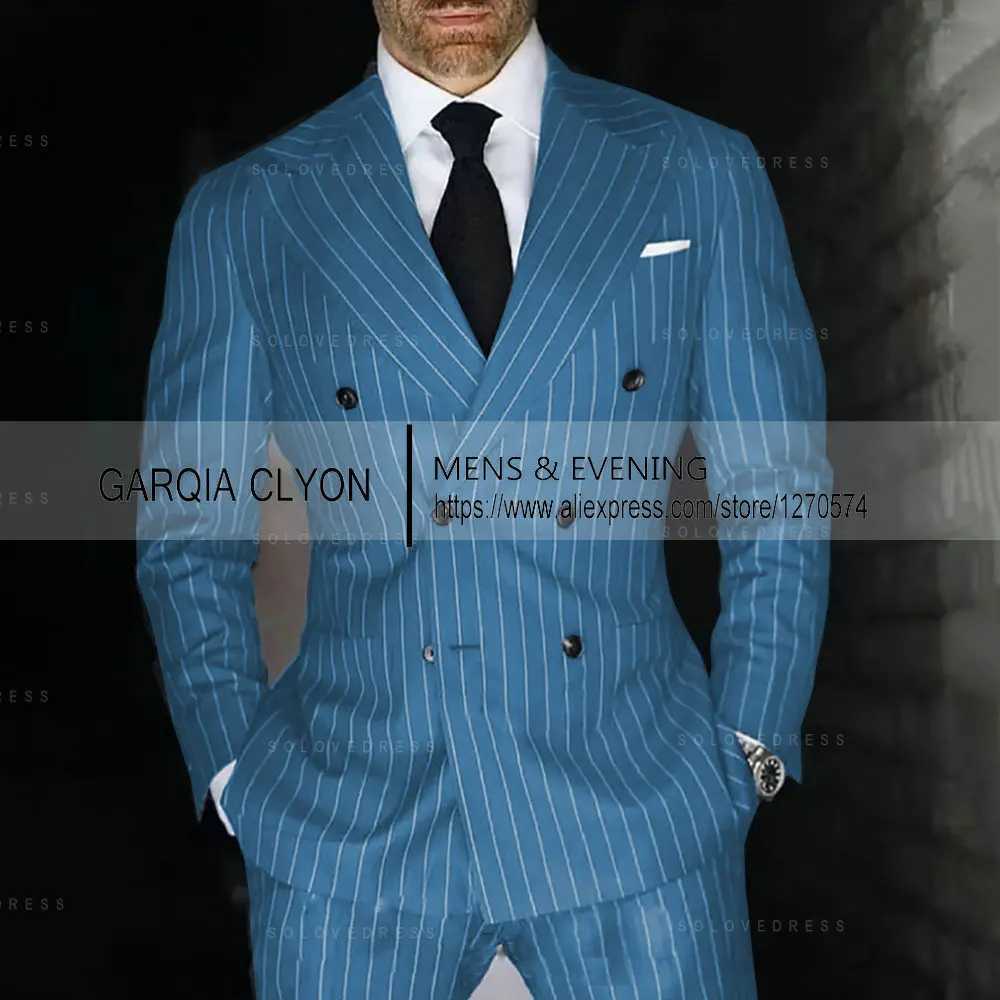 Black Stripe Mens Suits 2 Pcs Peak Lapel Double Breasted Male Clothing Prom Party Elegant Wedding (Jacket + Pants) Tailor-made X250704