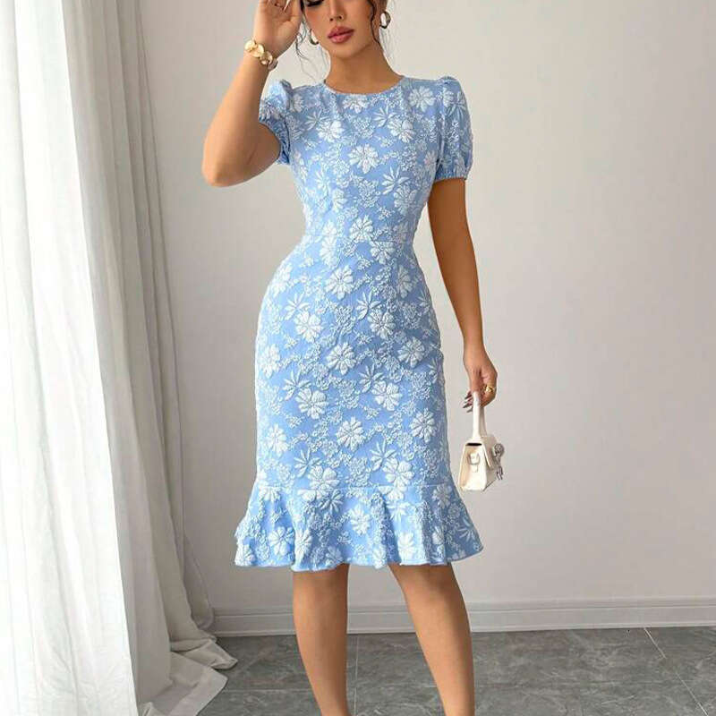 Summer Daisy Emed European and American Slim Fit Mermaid Dress Short Sleeve 2025 New Casual Fashion Trendy Clothing