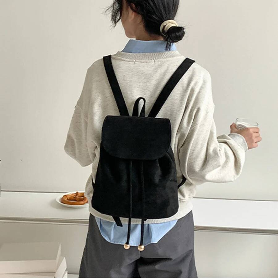 Korean vintage suede flap drawstring backpack ins new casual fashion student small bagpack soild female travel bags rucksack sac high-quality