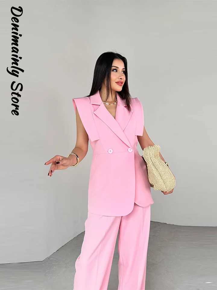 Elegant Shoulder Pads Waistcoat Pants Set Women Lapel Two Buttons Slveless Blazer Wide Leg Pants 2025 Summer Lady Office Suit X250704