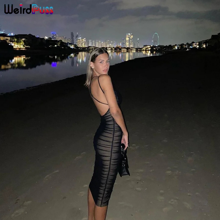 Weird Puss Summer Women Sundress Deep VNeck Double Layer Backless Party Dress Beach Style Prom Trend Elegant Vacation Outfits 250704