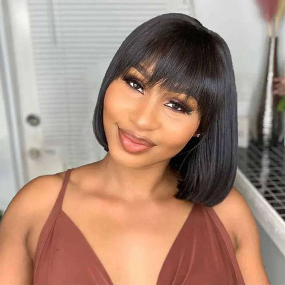 Cheap Double Drawn Virgin Bob Wig With Bang Glueless Full hine Made Real Vieamese Bone Straight Human Hair Wigs Fringe