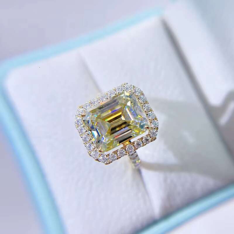 Classic Design Emerald Cut Yellow Canary Gold Moissanite Engagement Ring 10K Solid Gold
