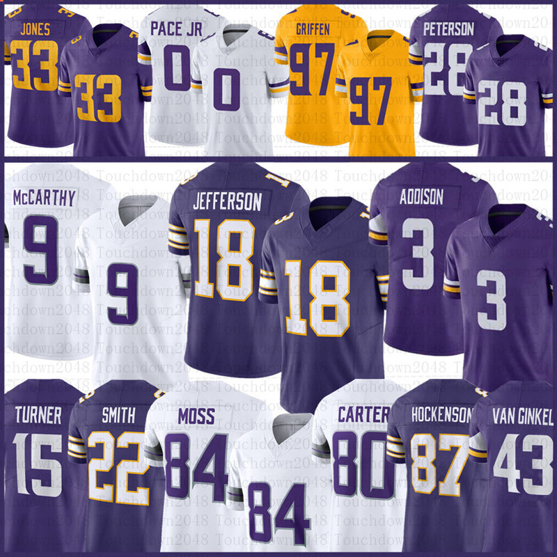 J.J. McCarthy 18 Justin Jefferson Addison Football Jersey Aaron Jones T.J. Hockenson Randy Moss Harrison Smith Ivan Pace Jr Darrisaw Andrew Van Ginkel Jared Allen Mason