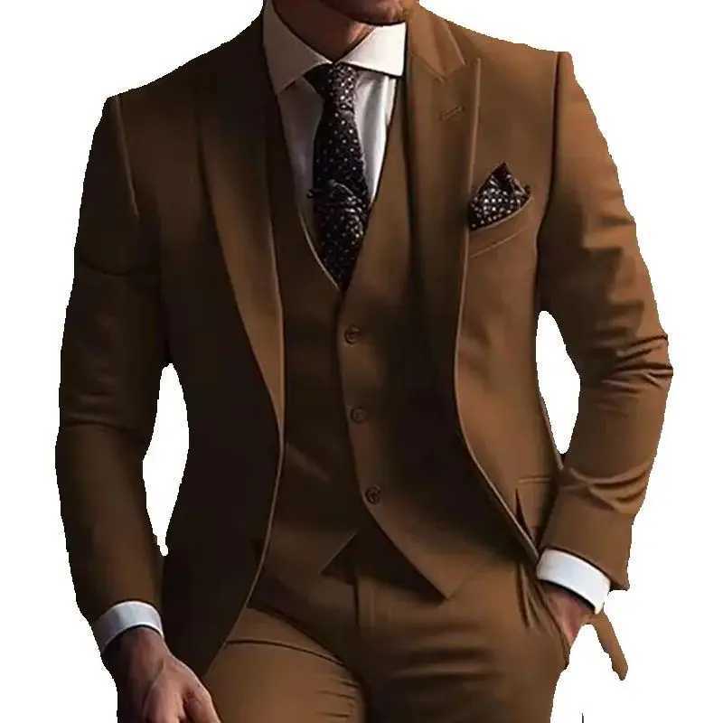 2025 Formal Brown Suits for Men Slim Fit Male Clothing Single Breasted Peak Lapel High Quality 3 Piece Jacket Pants Vest Sets X250704