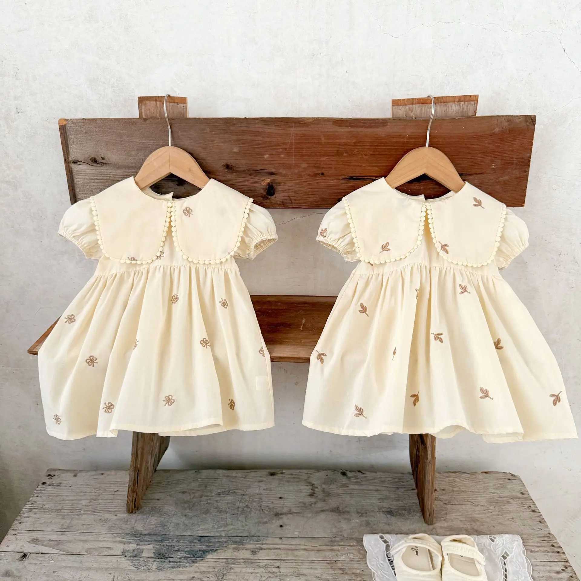 Ins Korean Version Girls Pure Cotton Embroidered Lapel Short Sleeve Dress Versatile Cute Dress for Children in Summer R250704