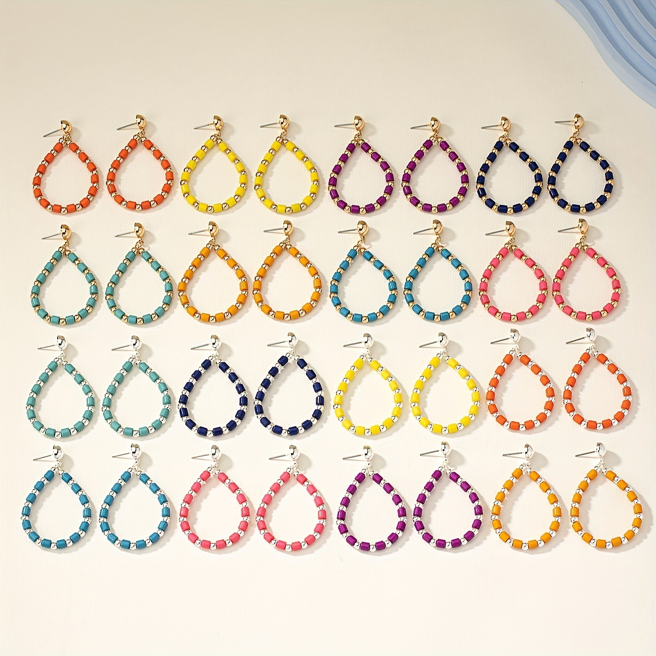 A Of 16 Pairs Colorful Beaded Hollow Water Drop Shaped Dangle For Women Party Earrings Set