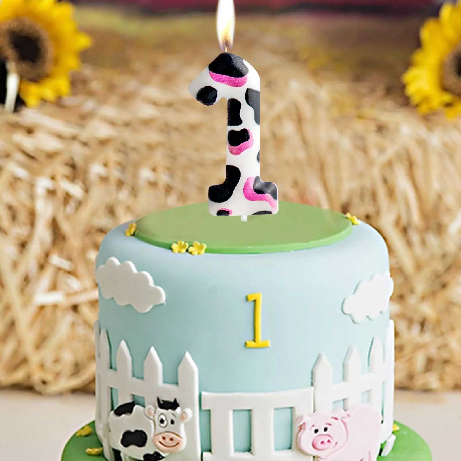 1-3rd Birthday Candle Cow Decoration Birthday Party Supplies Birthday Pink White Cow Themed Cake for Kids Boy Girl Party W250704