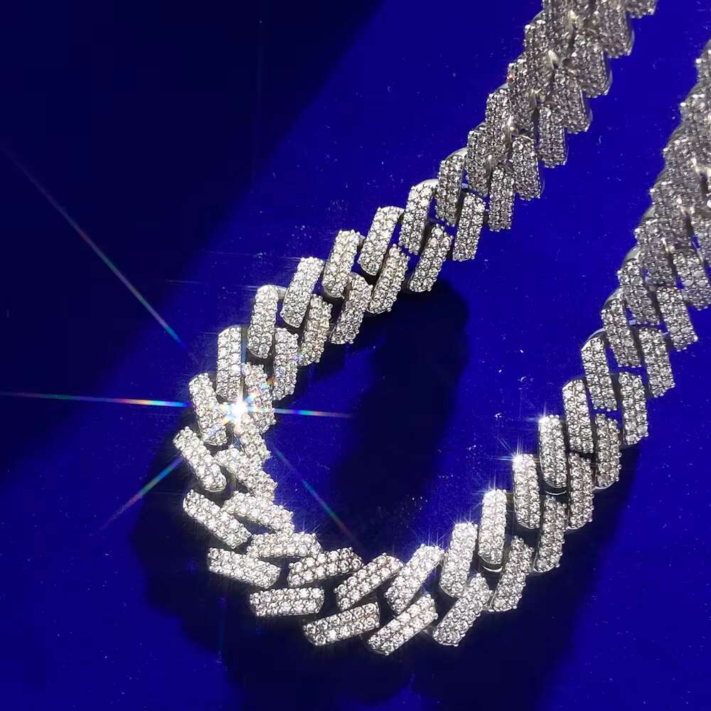 Round Moissanite White Gold Plated Sparkling Diamond Stone Set Hip Hop Jewelry Necklace Plating Ladder Square Cuban Link Chain