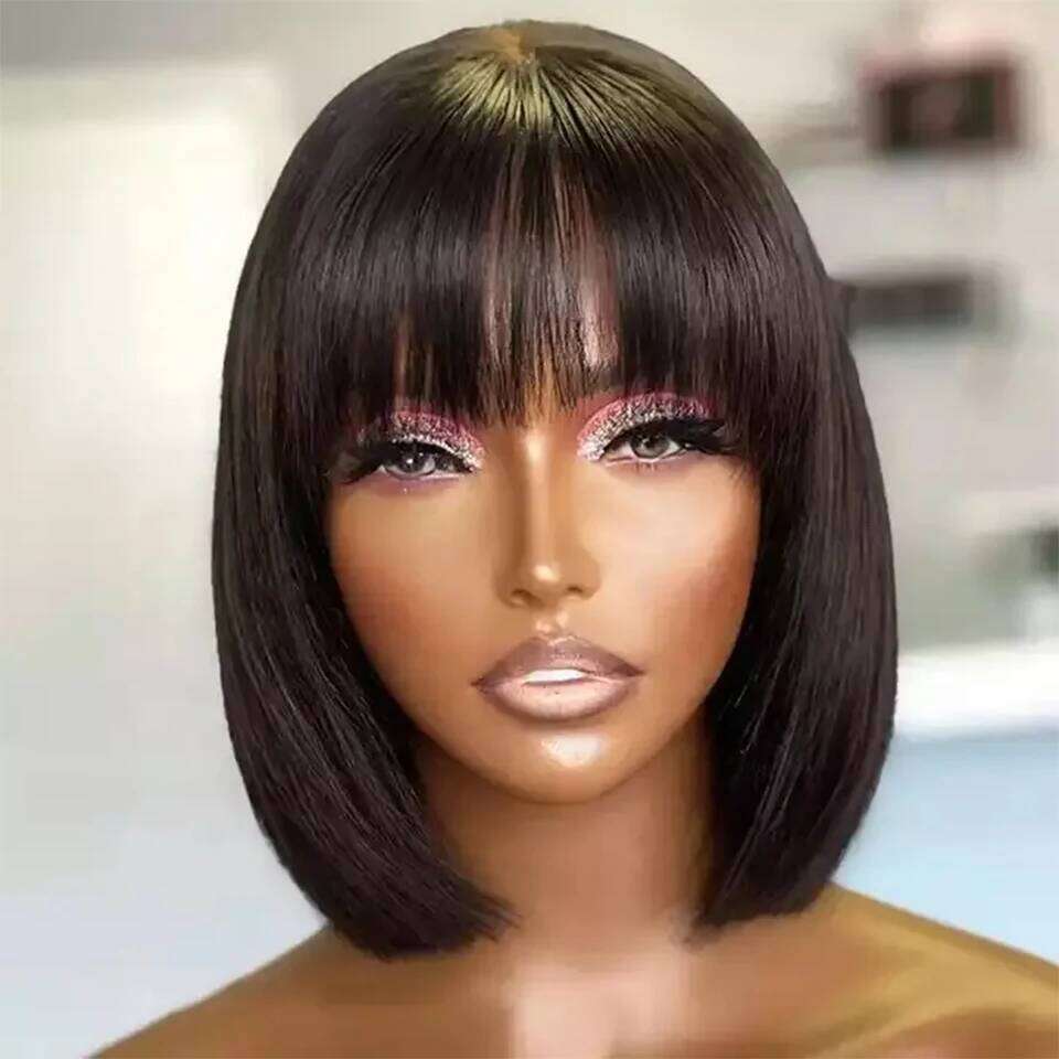 Cheap Double Drawn Virgin Bob Wig With Bang Glueless Full hine Made Real Vieamese Bone Straight Human Hair Wigs Fringe