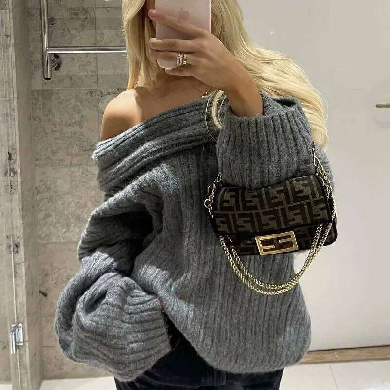 Winter Coffee Rib Knitting Ruched Slash Shoulder Pullover Sweater Women Full Sleeve Loose Thick Knitwear Oversized Jumper Beige 250704