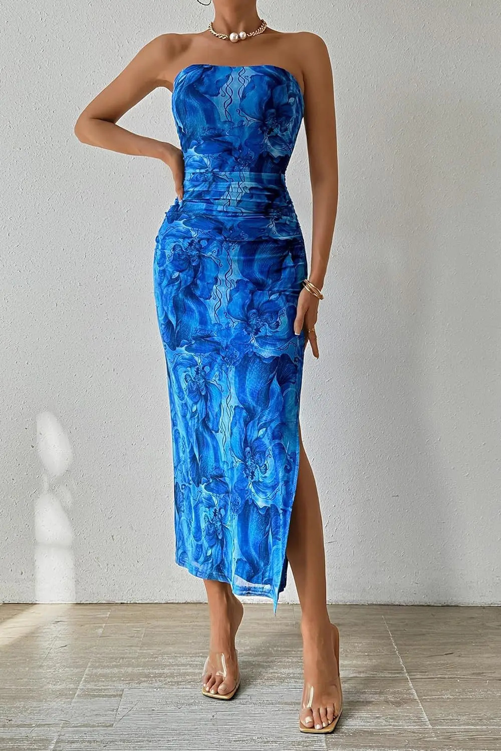 Summer Women Sexy Chestless Hem Slit Sleeveless Printed Dress 250704