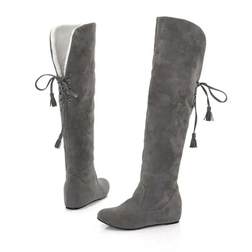 Sexy Womens Boots Faux Suede Over The Knee Flat Warm Boots Comfortable Thigh High Boots Lace-up Woman Winter Shoes High Quality Z250704