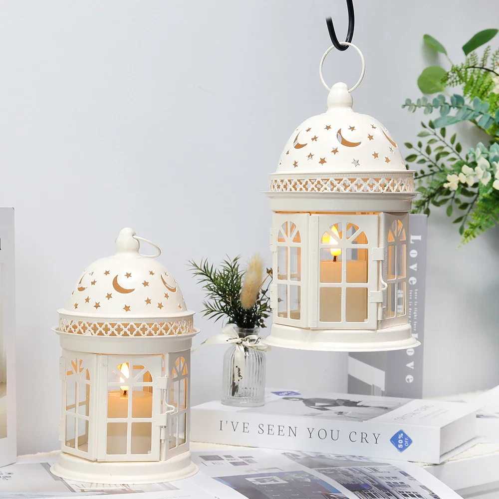 2Pcs Vintage Candle Holder Lanterns White Black Lantern Metal Hanging Candleholder for Indoor Outdoor Weddings Home Decor W250704
