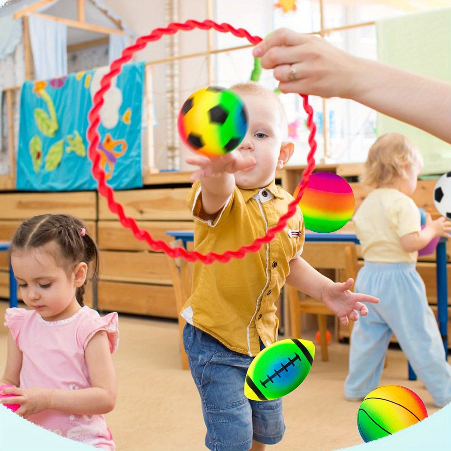 4 PCS Rainbow Sports Balls Set with Pump - 6" Football, Basketball, Soccer & Playground Balls, Summer Toy for Indoor/Outdoor Games - Perfect for 