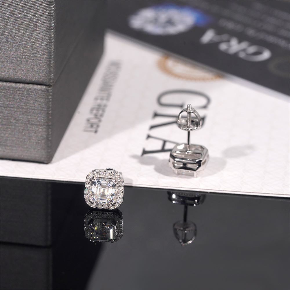 New Style Fine High Quality Asscher Cut Moissanite Stud Earrings 925 Silver Hip Hop Iced Out VVS Halo Moissanite Earrings