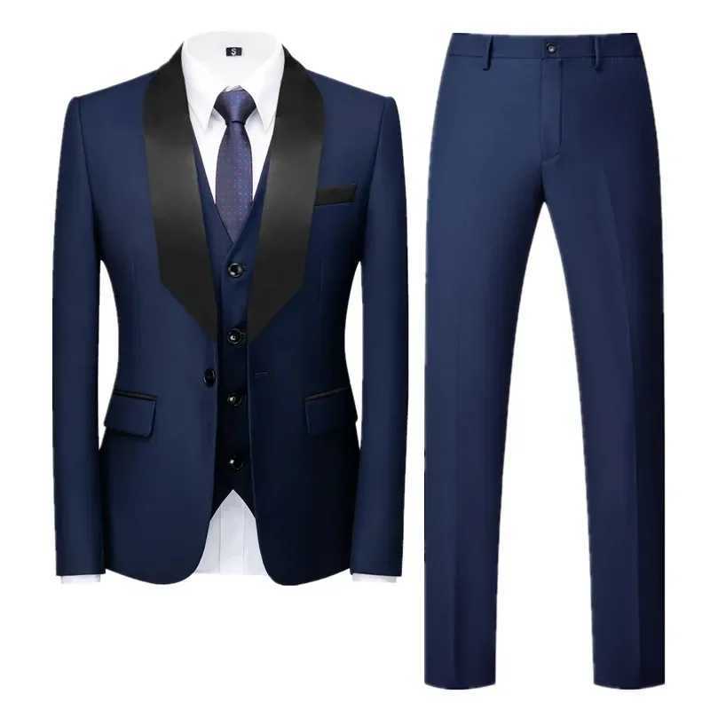 (Blazer + Pant + Vest ) Men Pure Colour Formal Wedding Suits Black / Blue Fashion Simple Male Business Social Tuxedo Dress Set X250704