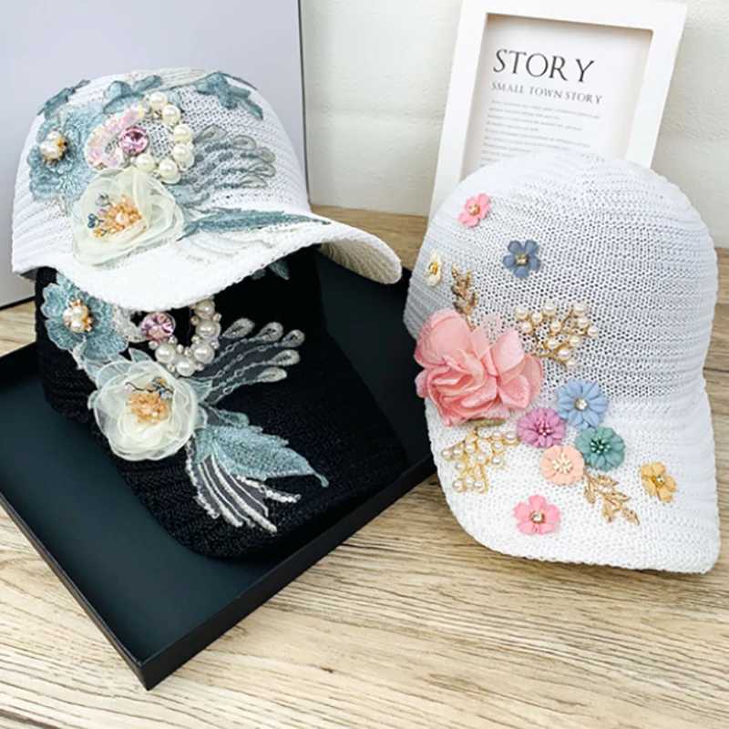 Wens Summer Rose Baseball Cap Snapback Fashion Hot Rhinestone Pearl Cap Ladies Casual Breathable Visor Cap X250704