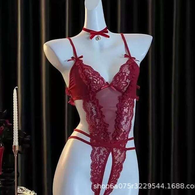 Sexy Lingerie New Sexy Lingerie Lace Bodysuit See-Through Robe Red Uniform Temptation Hollow Out Set For Women Women Lingerie