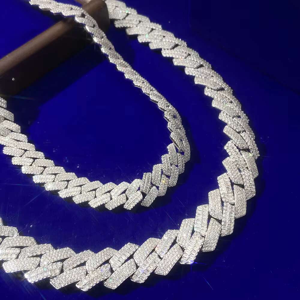 10MM Cuban Link Sterling Silver Gold Moissanite Baguette Custom Carved Cuban Link Chain Necklace