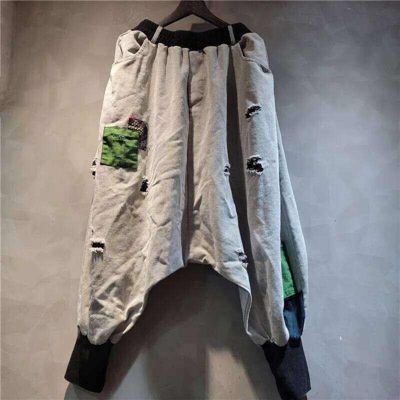 Trendy Vintage Women Contrast Color Patchwork Hole Short Sleeve T-shirt Elastic Waist Pants Female Summer