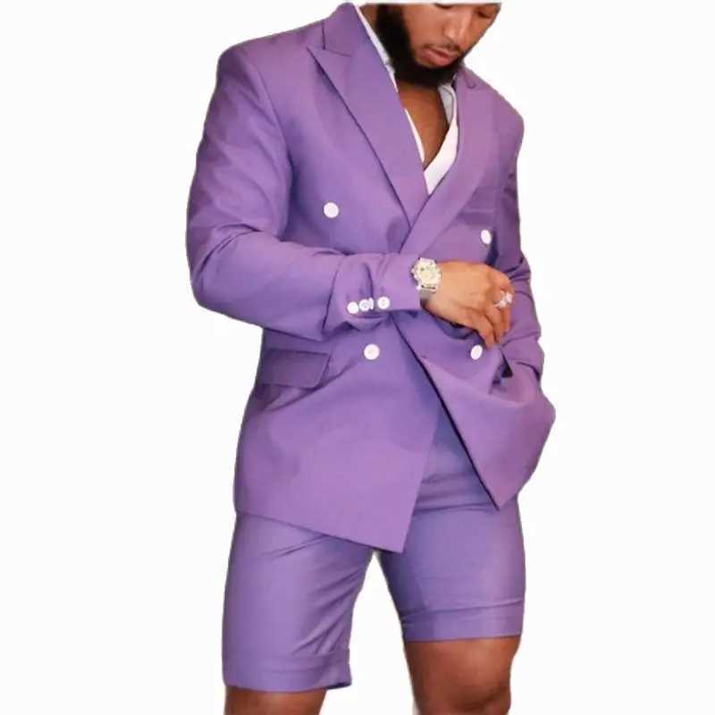 Latest Design Purple Men Suit Double Breasted Blazer Short Pants Style Groom Tuxedo Best Man Wedding Suits 2 Piece (Jacket + Pants) X250704