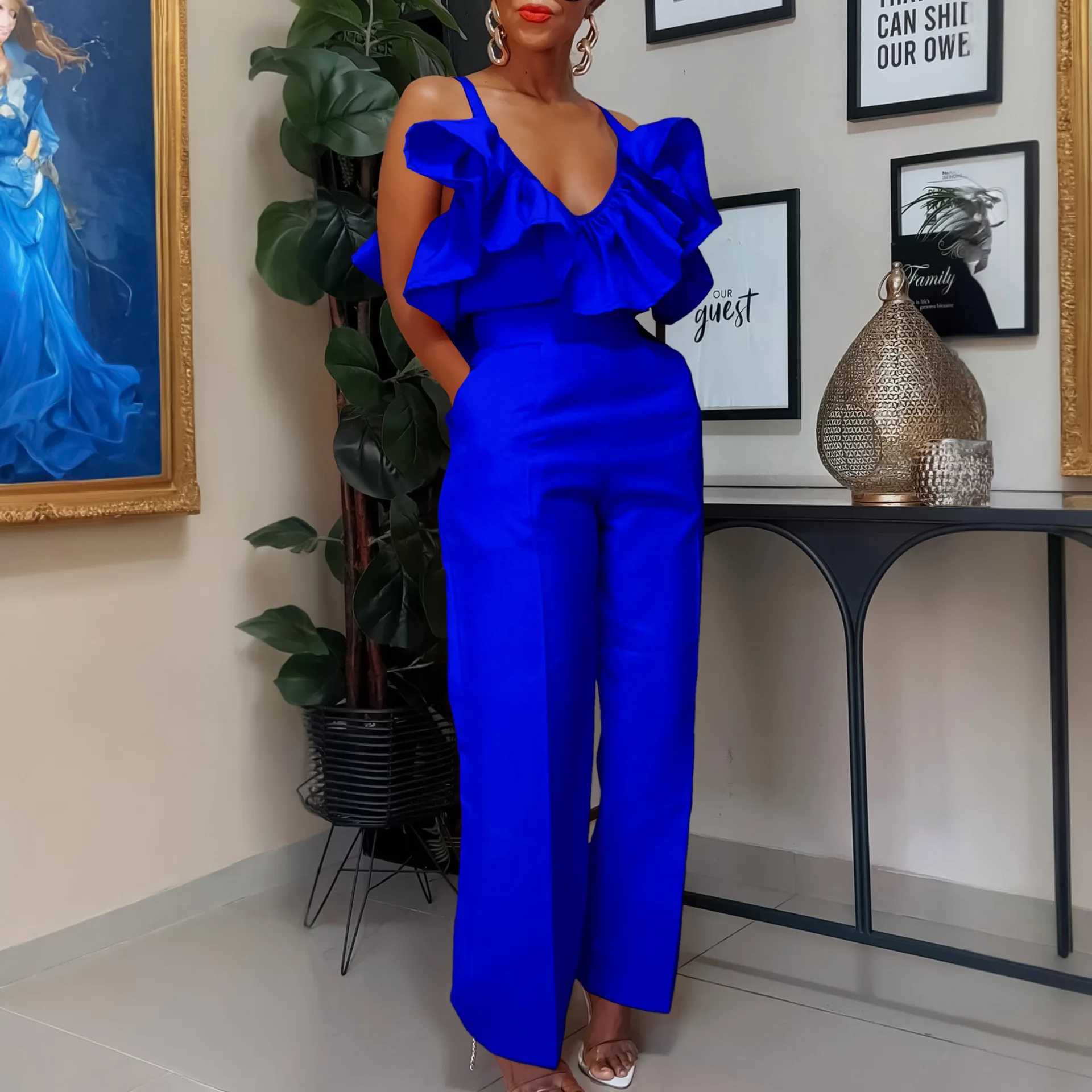 Women Two Pieces Set V Neck Strap Crop Tops Ruffles High Waist Pants Sexy Female Suit Summer Fashion Party New 2025 X250704