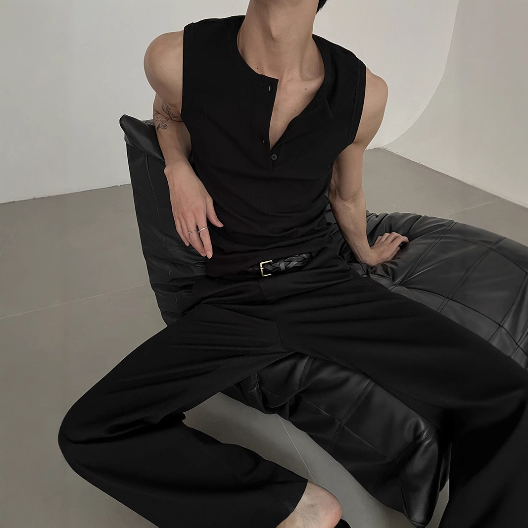 Designer Short Sleeves American Street Style High-end Henry Collar Sports Vest Summer Island Vacation Beach Style