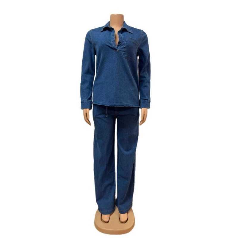 Denim Pant Set Women Two Piece Sets Turn Down Collar Mom Jeans Shirt Tops Wide Leg Long Pants Straight Trousers Y2k Strtwear X250704