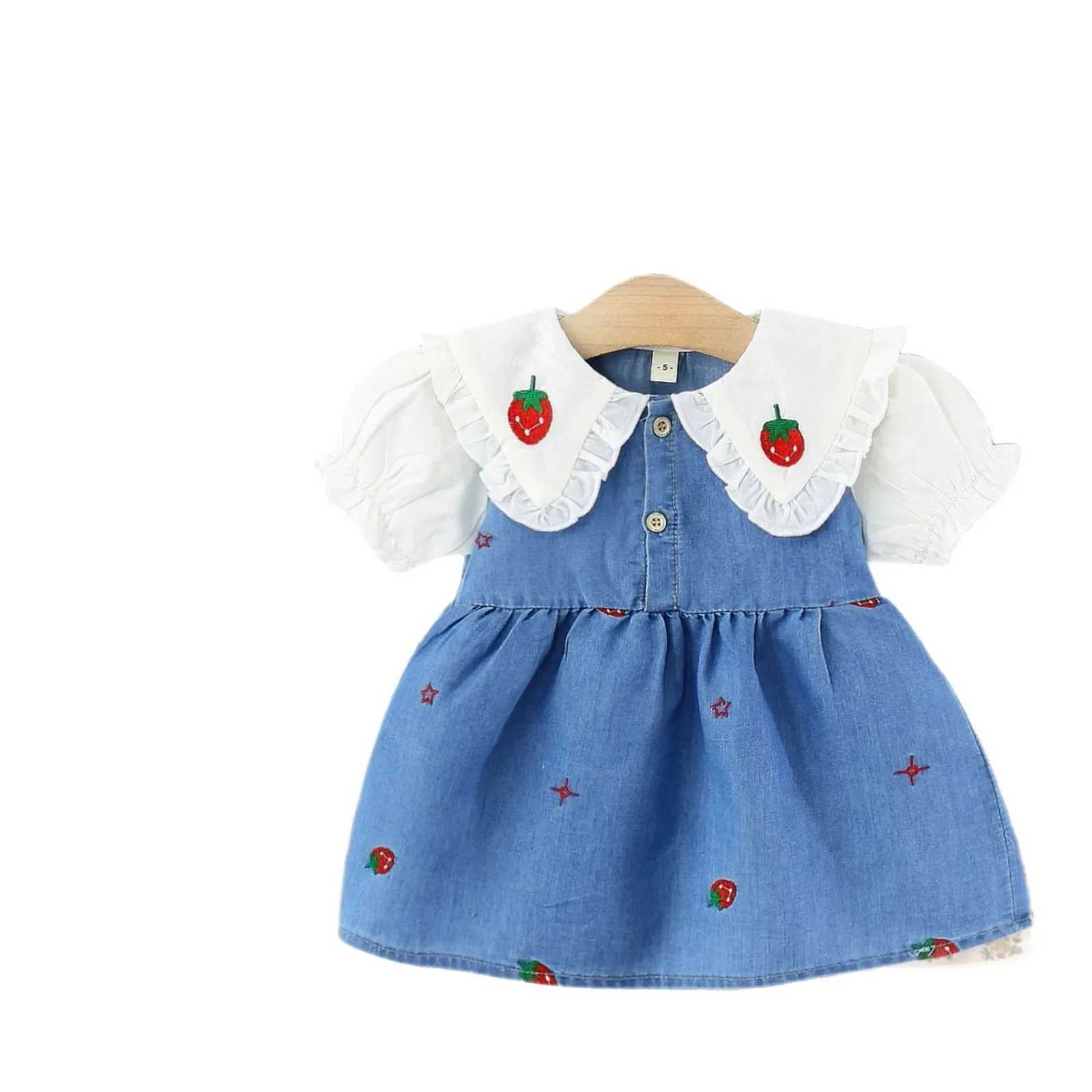 Childrens Summer Dress for Baby Girls New Korean Version Strawberry Collar Short Sleeve Denim Skirt Girls Casual Skirt R250704