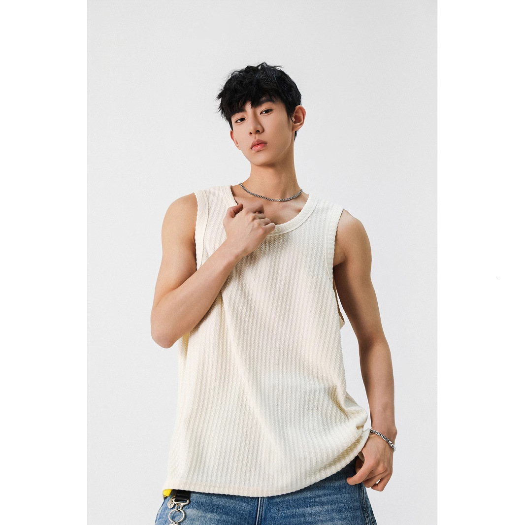 Textured White Tank Designer Short Sleeves Top For Men 2025 Summer New Simple Trendy Cross-shoulder Loose Casual Sleeveless T-shirt