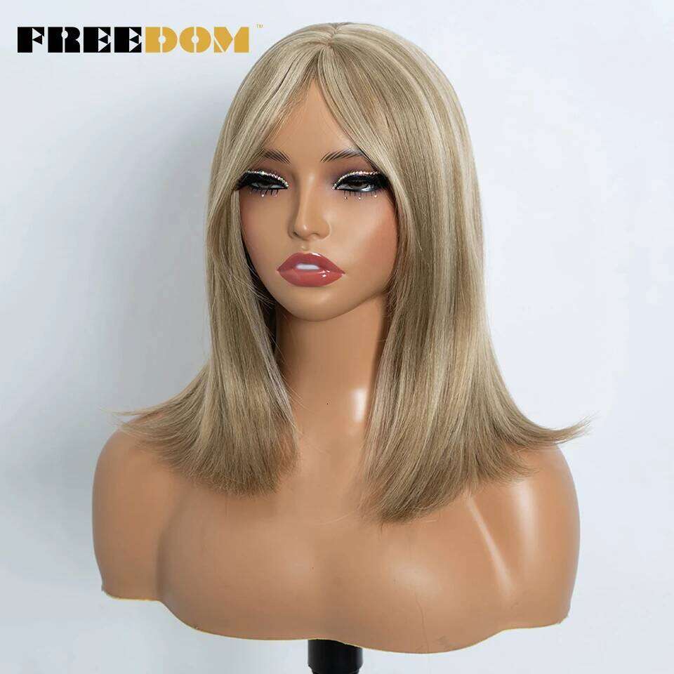 FREEDOM Synthetic Straight Bob with Bangs 16 Inch Ombre Brown Blonde Wigs for Women Heat Resistant Wig Cosplay Lolita Hair
