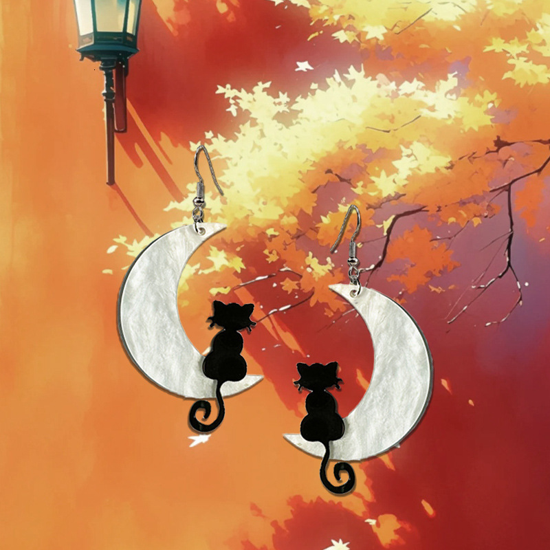 Meow Star Crescent Cat Earrings For Women, Elegant Design Acrylic Moon Ear Drops