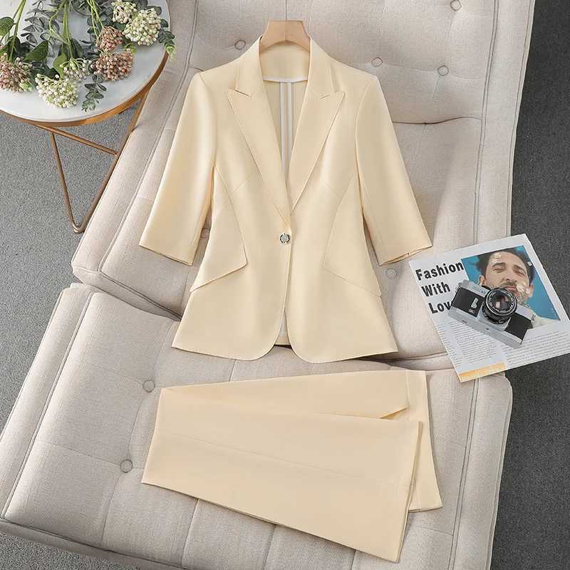 ZJYT Fashion Spring Ladies Pant Suit Women Office Thr Quarter Slve Blazer Trousers Set Two Piece Outfit Work Suits Plus Size X250704