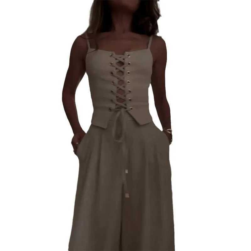 Women Two Piece Sets Pant Set Sling Slveless Sexy Hollow Out Sheath Short Tops Wide Leg Long Pants Casual Elegant Splice X250704