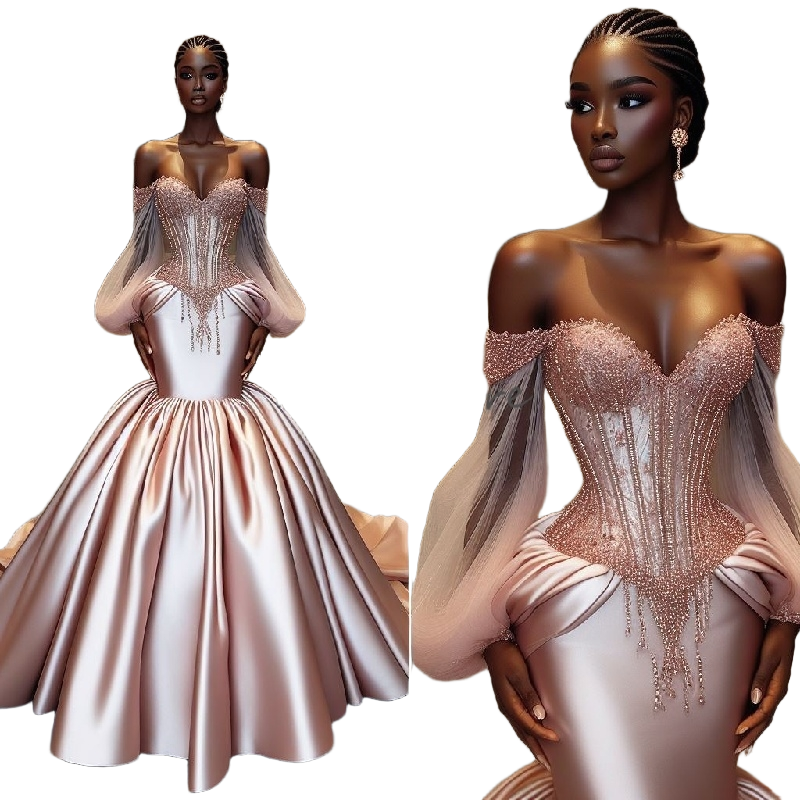 Luxury Aso Ebi Rose Gold Prom Dress 2025 Elegant Mermaid Beaded Evening Dress African Nigeria Long Sleeve Formal Occasion Birthday Party Wear Vestidos