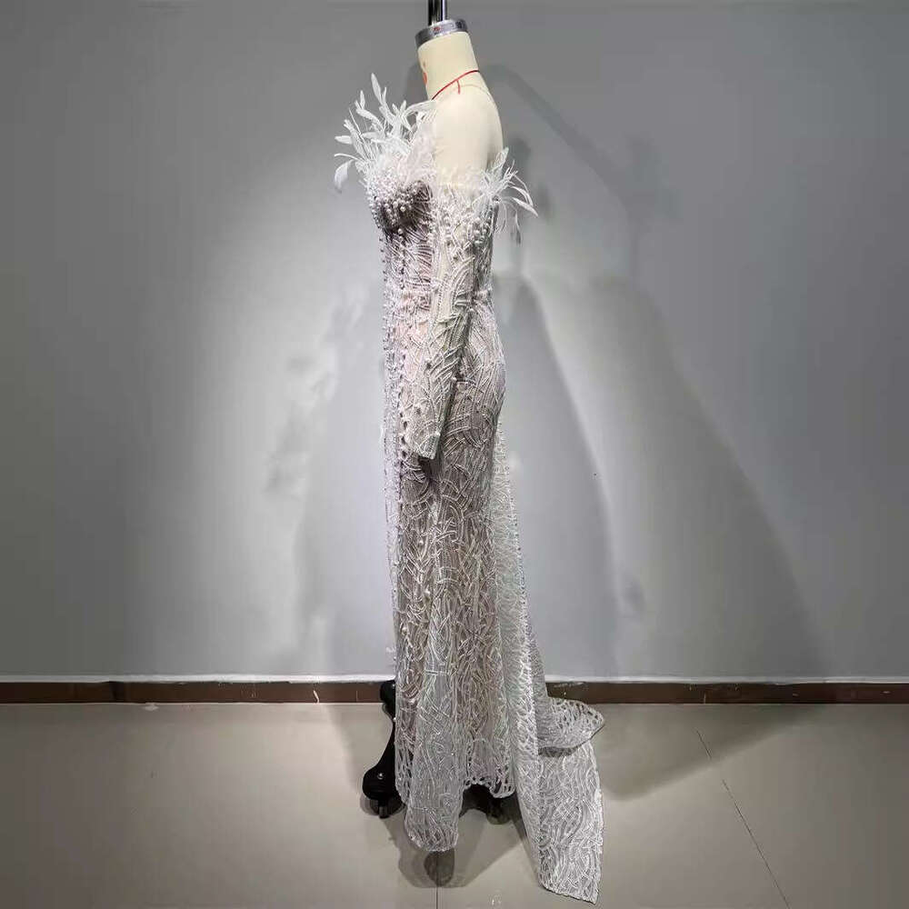 White Skirt Maxi Skirt D Feather Beaded Sequin Embroidered Strapless Dress Haute Couture Evening Wedding Party Gown Long Skirt