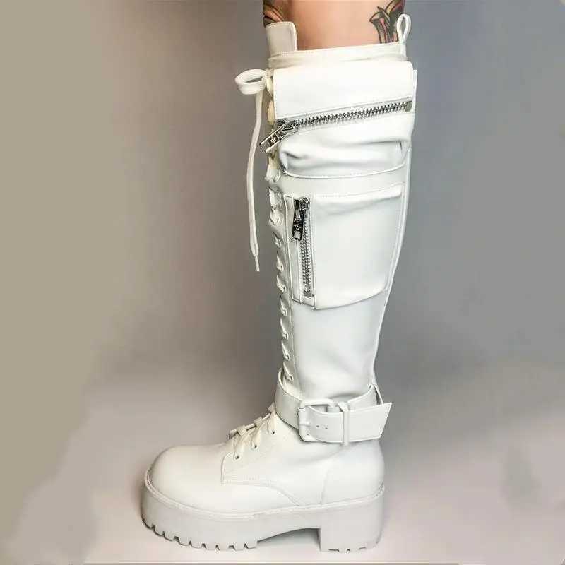 Knee High Boots Women Cool Goth Zipper Design Pocket Lace Up Chunky Heel High Quality Shoes Woman Fashion Popualr Big Size 35-43 Z250704