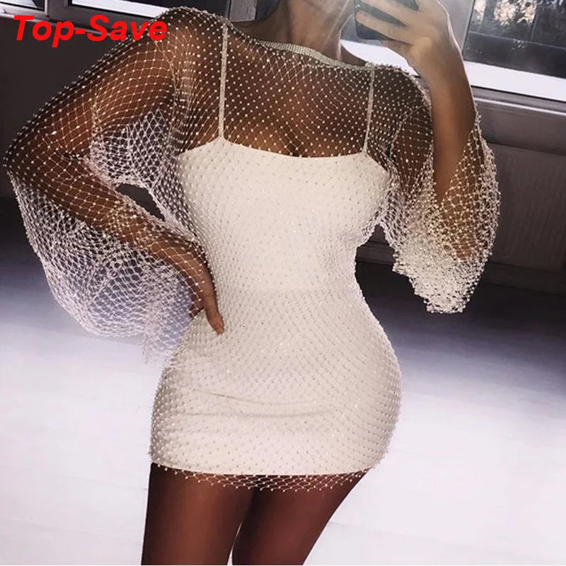 Wholesale Shiny Rhinestones Sequin Fishnet Women Mini Dress Sexy Long Sleeve Mesh Hollow Out Transparent Party Clubwear Dresses 250704