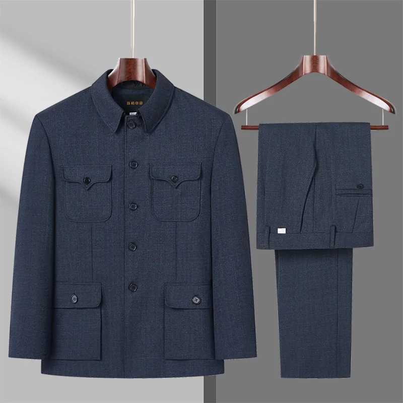 Men Sun Yat-sen Suit Gray Zhongshan Suit Twinset Traditional Chinese Two-Piece Ensemble Mao Tunic Coat and Pants 2pcs Outfits X250704