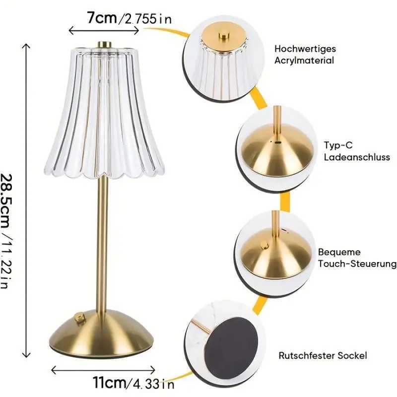 Horn LED Classic Touch Bedside Lamp USB Rechargeable 3 Color Dimmable Bedroom Living Room Wireless Table Lamp DecorationXJ250703